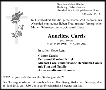 Anzeige von Anneliese Carels von Kölner Stadt-Anzeiger / Kölnische Rundschau / Express