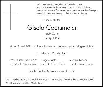 Anzeige von Gisela Coersmeier von Kölner Stadt-Anzeiger / Kölnische Rundschau / Express