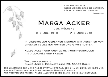 Anzeige von Marga Acker von Kölner Stadt-Anzeiger / Kölnische Rundschau / Express