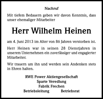 Anzeige von Wilhelm Heinen von Kölner Stadt-Anzeiger / Kölnische Rundschau / Express
