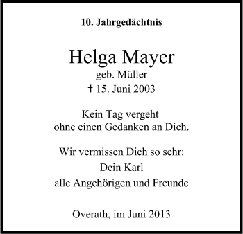 Anzeige von Helga Mayer von Kölner Stadt-Anzeiger / Kölnische Rundschau / Express