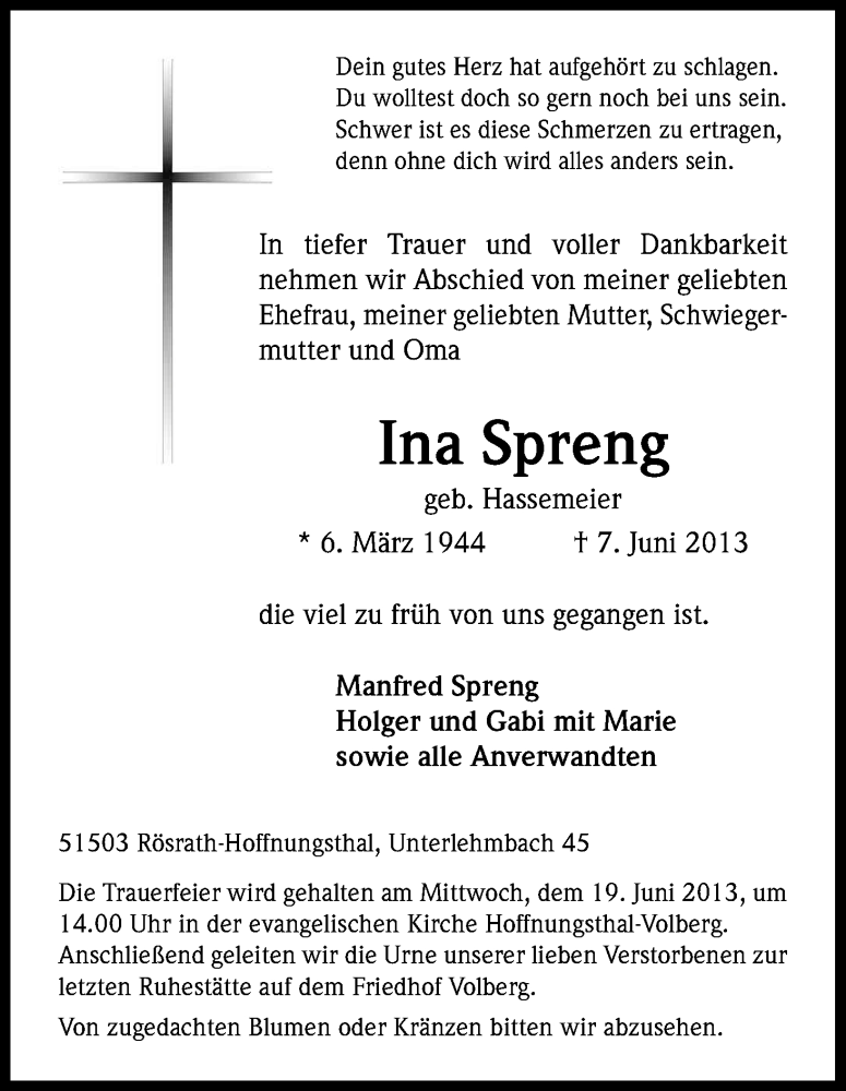  Traueranzeige für Ina Spreng vom 15.06.2013 aus Kölner Stadt-Anzeiger / Kölnische Rundschau / Express