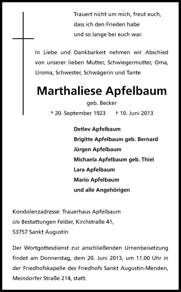  Traueranzeige für Martha Elisabeth Apfelbaum vom 15.06.2013 aus Kölner Stadt-Anzeiger / Kölnische Rundschau / Express