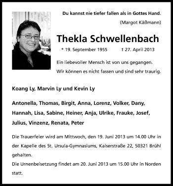 Anzeige von Thekla Schwellenbach von Kölner Stadt-Anzeiger / Kölnische Rundschau / Express