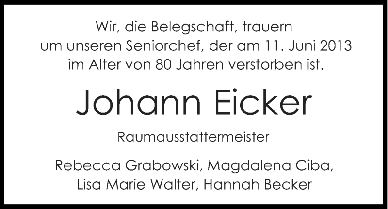  Traueranzeige für Johann Eicker vom 15.06.2013 aus Kölner Stadt-Anzeiger / Kölnische Rundschau / Express