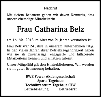 Anzeige von Catharina Belz von Kölner Stadt-Anzeiger / Kölnische Rundschau / Express