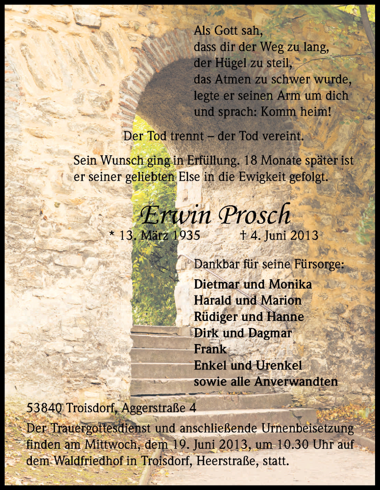  Traueranzeige für Erwin Prosch vom 15.06.2013 aus Kölner Stadt-Anzeiger / Kölnische Rundschau / Express