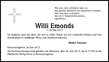 Anzeige von Willi Emonds von Kölner Stadt-Anzeiger / Kölnische Rundschau / Express