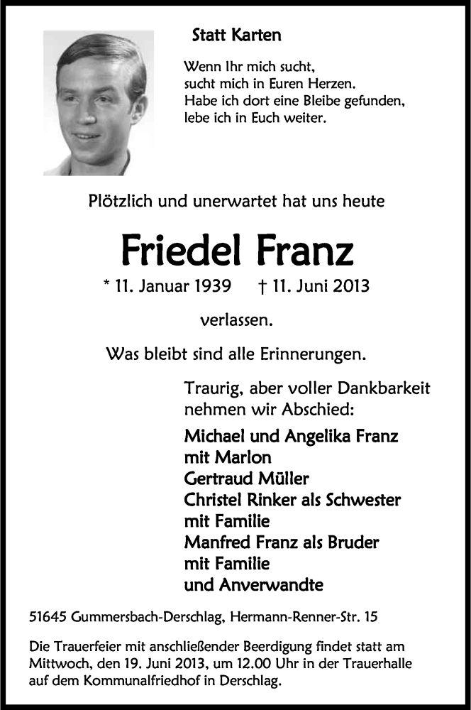  Traueranzeige für Friedel Franz vom 14.06.2013 aus Kölner Stadt-Anzeiger / Kölnische Rundschau / Express