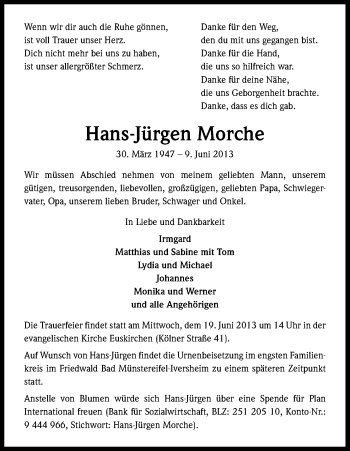 Anzeige von Hans-Jürgen Morche von Kölner Stadt-Anzeiger / Kölnische Rundschau / Express
