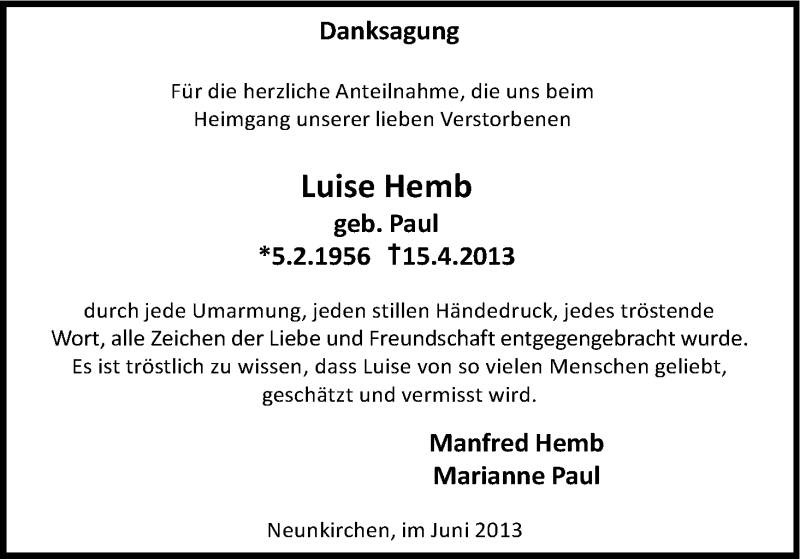  Traueranzeige für Luise Hemb vom 15.06.2013 aus Kölner Stadt-Anzeiger / Kölnische Rundschau / Express