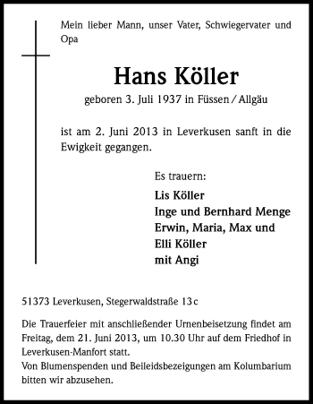 Anzeige von Hans Köller von Kölner Stadt-Anzeiger / Kölnische Rundschau / Express