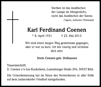 Anzeige von Karl Ferdinand Coenen von Kölner Stadt-Anzeiger / Kölnische Rundschau / Express