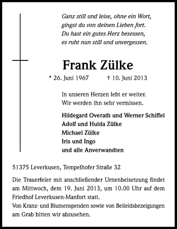 Anzeige von Frank Zülke von Kölner Stadt-Anzeiger / Kölnische Rundschau / Express
