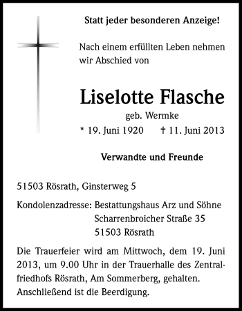 Anzeige von Liselotte Flasche von Kölner Stadt-Anzeiger / Kölnische Rundschau / Express