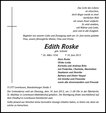Anzeige von Edith Roske von Kölner Stadt-Anzeiger / Kölnische Rundschau / Express
