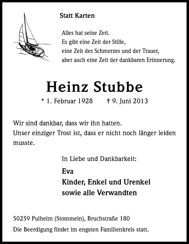  Traueranzeige für Heinz Stubbe vom 15.06.2013 aus Kölner Stadt-Anzeiger / Kölnische Rundschau / Express