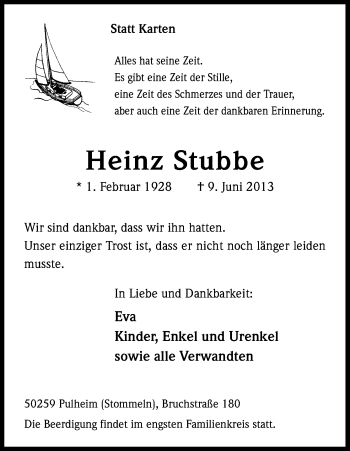 Anzeige von Heinz Stubbe von Kölner Stadt-Anzeiger / Kölnische Rundschau / Express