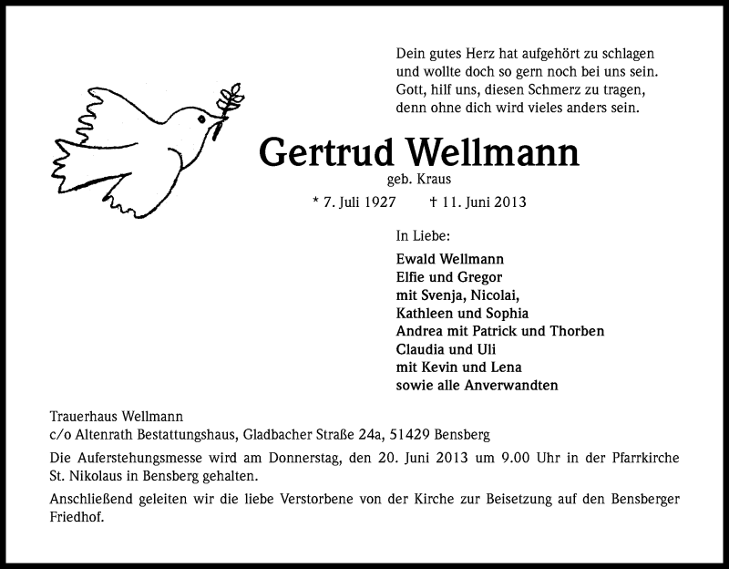  Traueranzeige für Gertrud Wellmann vom 14.06.2013 aus Kölner Stadt-Anzeiger / Kölnische Rundschau / Express