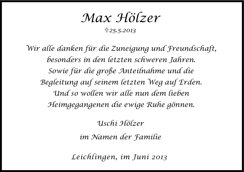  Traueranzeige für Max Hölzer vom 22.06.2013 aus Kölner Stadt-Anzeiger / Kölnische Rundschau / Express