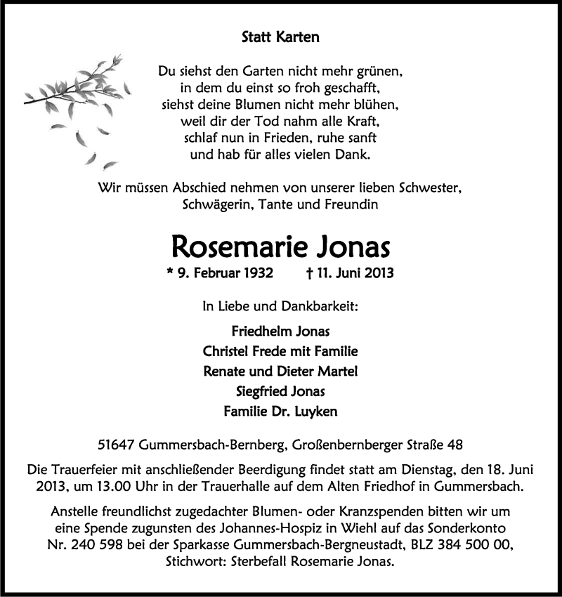  Traueranzeige für Rosemarie Jonas vom 15.06.2013 aus Kölner Stadt-Anzeiger / Kölnische Rundschau / Express