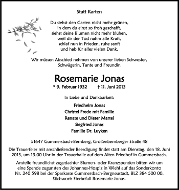 Anzeige von Rosemarie Jonas von Kölner Stadt-Anzeiger / Kölnische Rundschau / Express