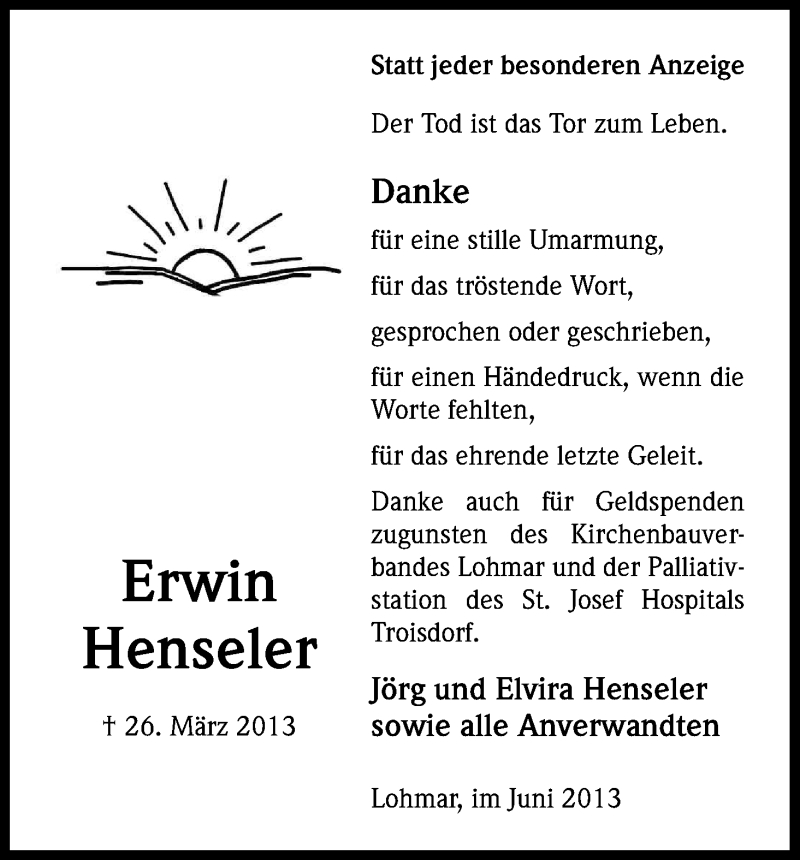  Traueranzeige für Erwin Henseler vom 15.06.2013 aus Kölner Stadt-Anzeiger / Kölnische Rundschau / Express