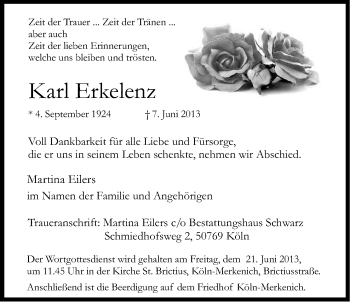 Anzeige von Karl Erkelenz von Kölner Stadt-Anzeiger / Kölnische Rundschau / Express