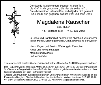 Anzeige von Magdalena Rauscher von Kölner Stadt-Anzeiger / Kölnische Rundschau / Express