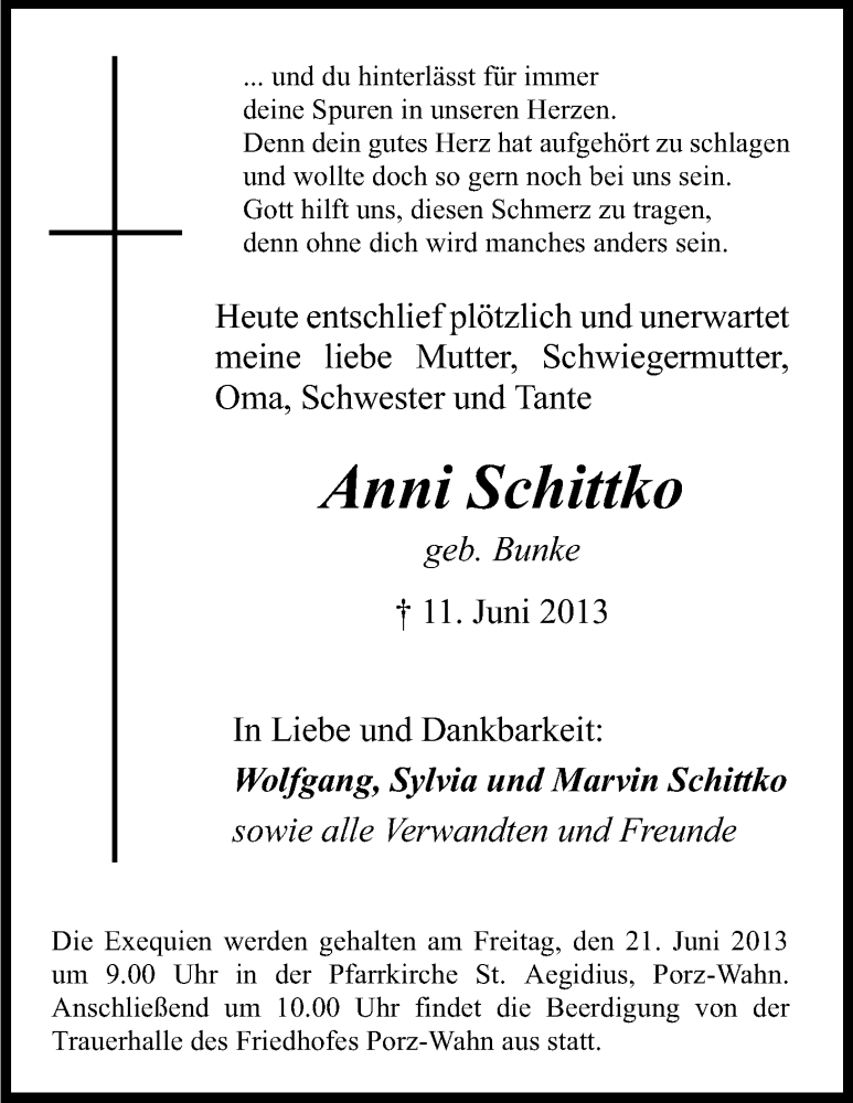  Traueranzeige für Anni Schittko vom 15.06.2013 aus Kölner Stadt-Anzeiger / Kölnische Rundschau / Express