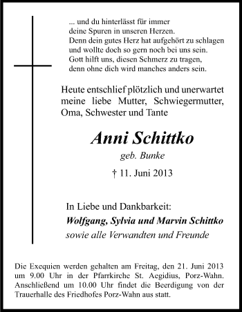 Anzeige von Anni Schittko von Kölner Stadt-Anzeiger / Kölnische Rundschau / Express