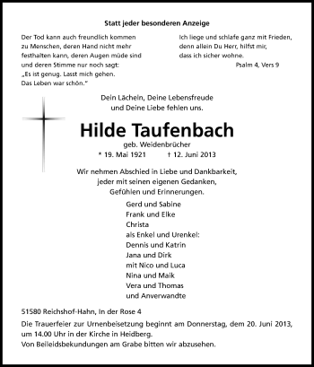 Anzeige von Hilde Taufenbach von Kölner Stadt-Anzeiger / Kölnische Rundschau / Express