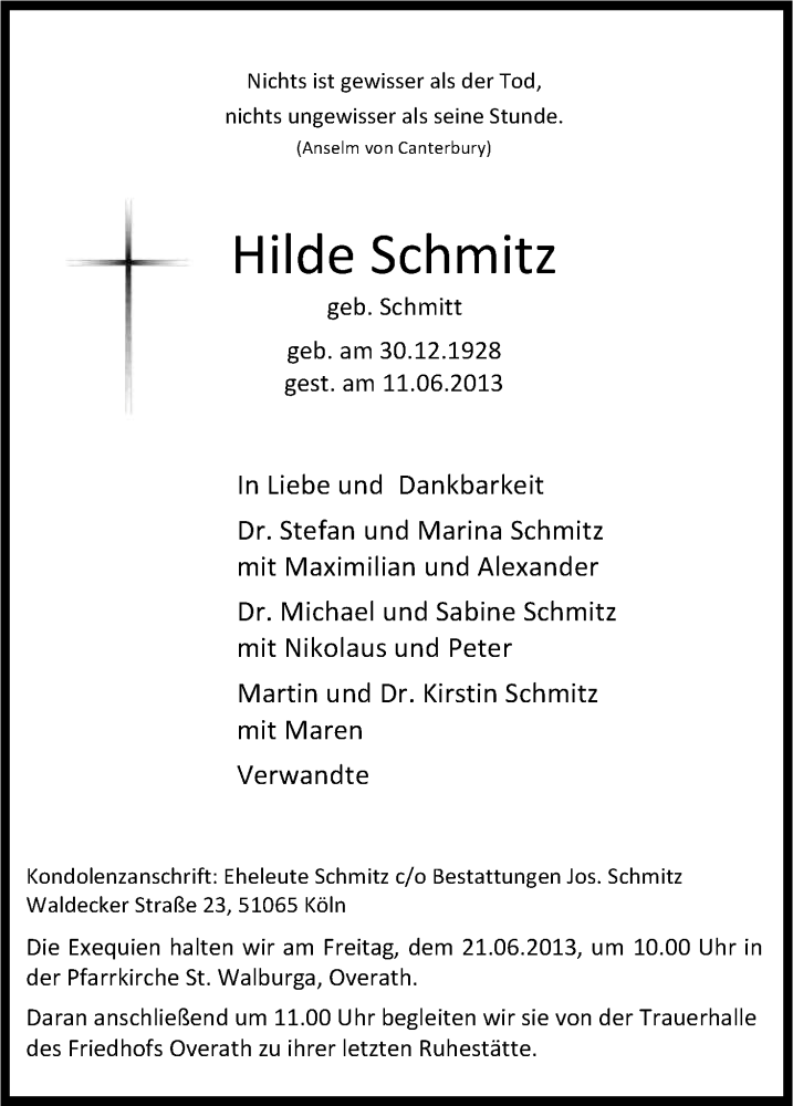  Traueranzeige für Hilde Schmitz vom 15.06.2013 aus Kölner Stadt-Anzeiger / Kölnische Rundschau / Express