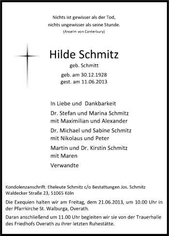 Anzeige von Hilde Schmitz von Kölner Stadt-Anzeiger / Kölnische Rundschau / Express