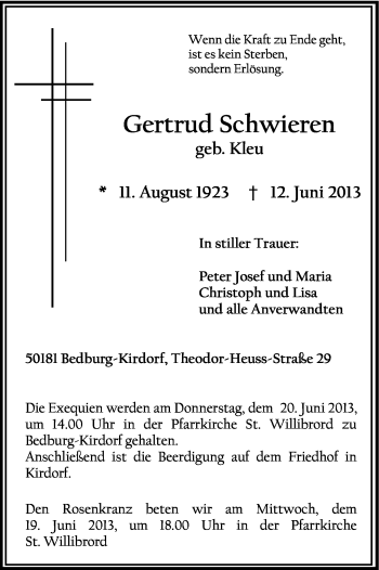 Anzeige von Gertrud Schwieren von Kölner Stadt-Anzeiger / Kölnische Rundschau / Express