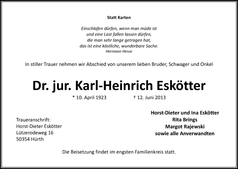  Traueranzeige für Karl-Heinrich Eskötter vom 15.06.2013 aus Kölner Stadt-Anzeiger / Kölnische Rundschau / Express