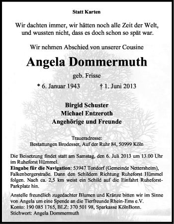 Anzeige von Angela Dommermuth von Kölner Stadt-Anzeiger / Kölnische Rundschau / Express