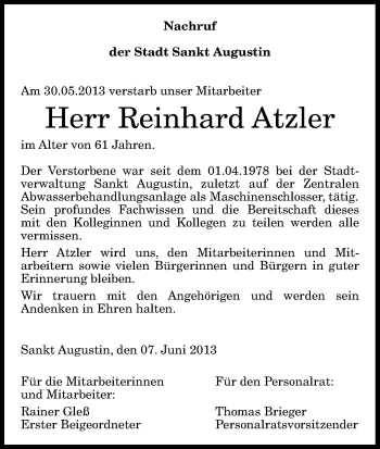 Anzeige von Reinhard Atzler von Kölner Stadt-Anzeiger / Kölnische Rundschau / Express