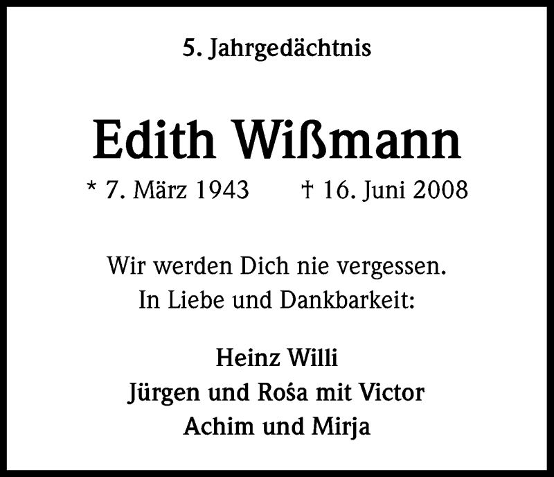  Traueranzeige für Edith Wißmann vom 15.06.2013 aus Kölner Stadt-Anzeiger / Kölnische Rundschau / Express