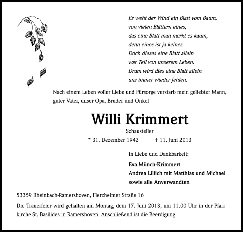  Traueranzeige für Willi Krimmert vom 15.06.2013 aus Kölner Stadt-Anzeiger / Kölnische Rundschau / Express