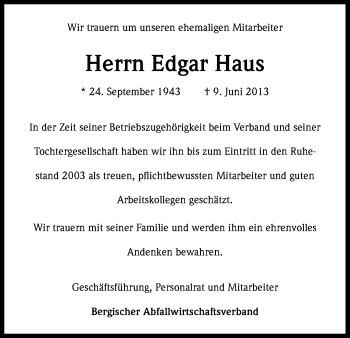 Anzeige von Edgar Haus von Kölner Stadt-Anzeiger / Kölnische Rundschau / Express