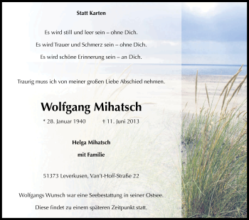 Anzeige von Wolfgang Mihatsch von Kölner Stadt-Anzeiger / Kölnische Rundschau / Express