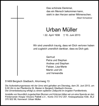 Anzeige von Urban Müller von Kölner Stadt-Anzeiger / Kölnische Rundschau / Express