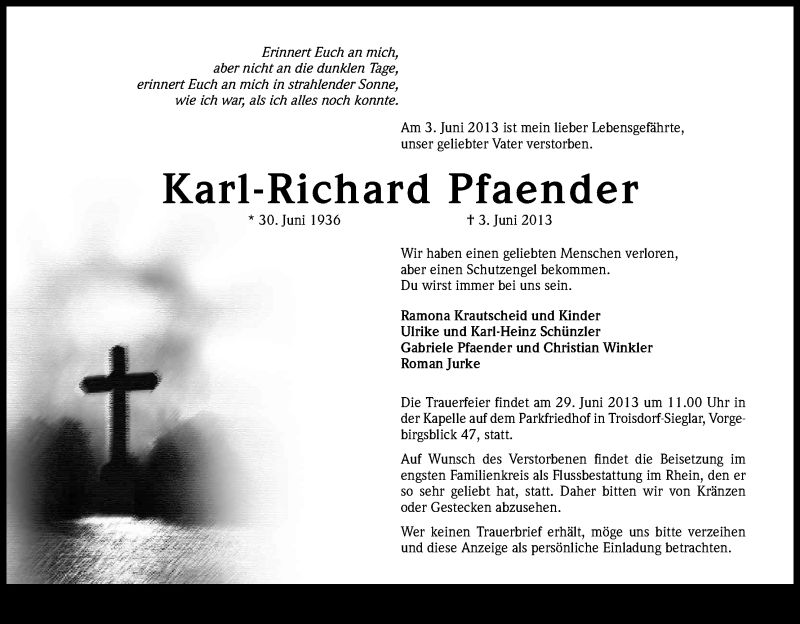  Traueranzeige für Karl-Richard Pfaender vom 15.06.2013 aus Kölner Stadt-Anzeiger / Kölnische Rundschau / Express