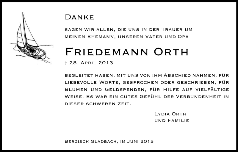  Traueranzeige für Friedemann Orth vom 15.06.2013 aus Kölner Stadt-Anzeiger / Kölnische Rundschau / Express