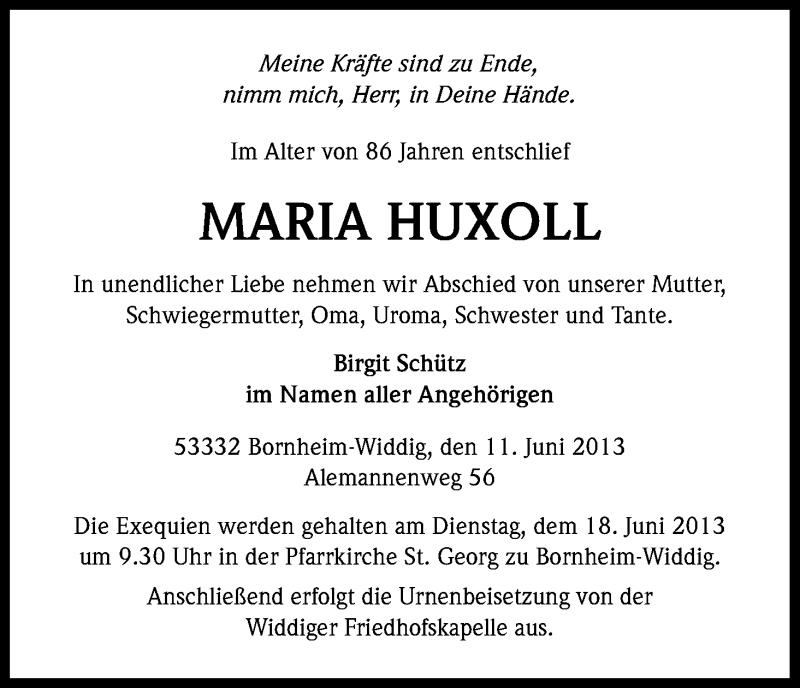  Traueranzeige für Maria Huxoll vom 14.06.2013 aus Kölner Stadt-Anzeiger / Kölnische Rundschau / Express