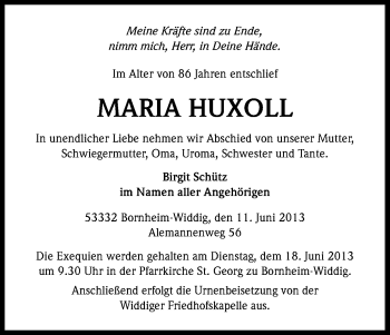 Anzeige von Maria Huxoll von Kölner Stadt-Anzeiger / Kölnische Rundschau / Express