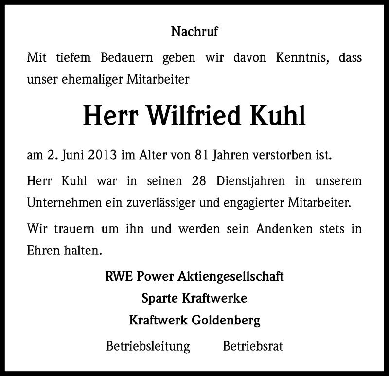  Traueranzeige für Wilfried Kuhl vom 18.06.2013 aus Kölner Stadt-Anzeiger / Kölnische Rundschau / Express