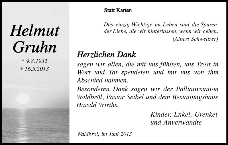  Traueranzeige für Helmut Gruhn vom 15.06.2013 aus Kölner Stadt-Anzeiger / Kölnische Rundschau / Express