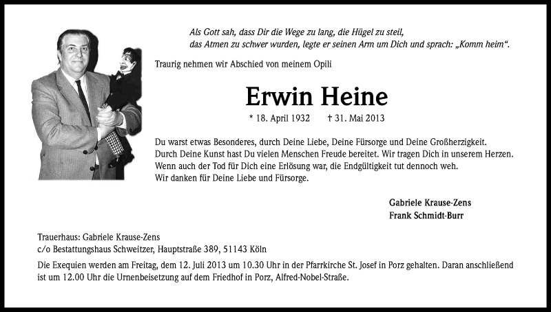  Traueranzeige für Erwin Heine vom 29.06.2013 aus Kölner Stadt-Anzeiger / Kölnische Rundschau / Express
